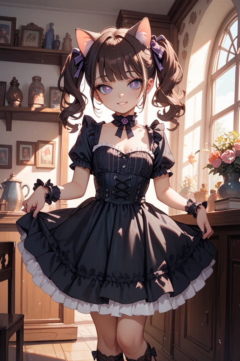 masterpiece, Highest quality, High resolution, 1 and later, fujiwara chika, maid dress, chest, Red ribbon, Blunt bangs, large chest, Cowboy Shot, smile, indoor, Sexy pose, chestを出して, maid, Meidofuku, black maid dress, about, maid about, mini skirt, Garter Straps, stockings, Hands Behind Back,