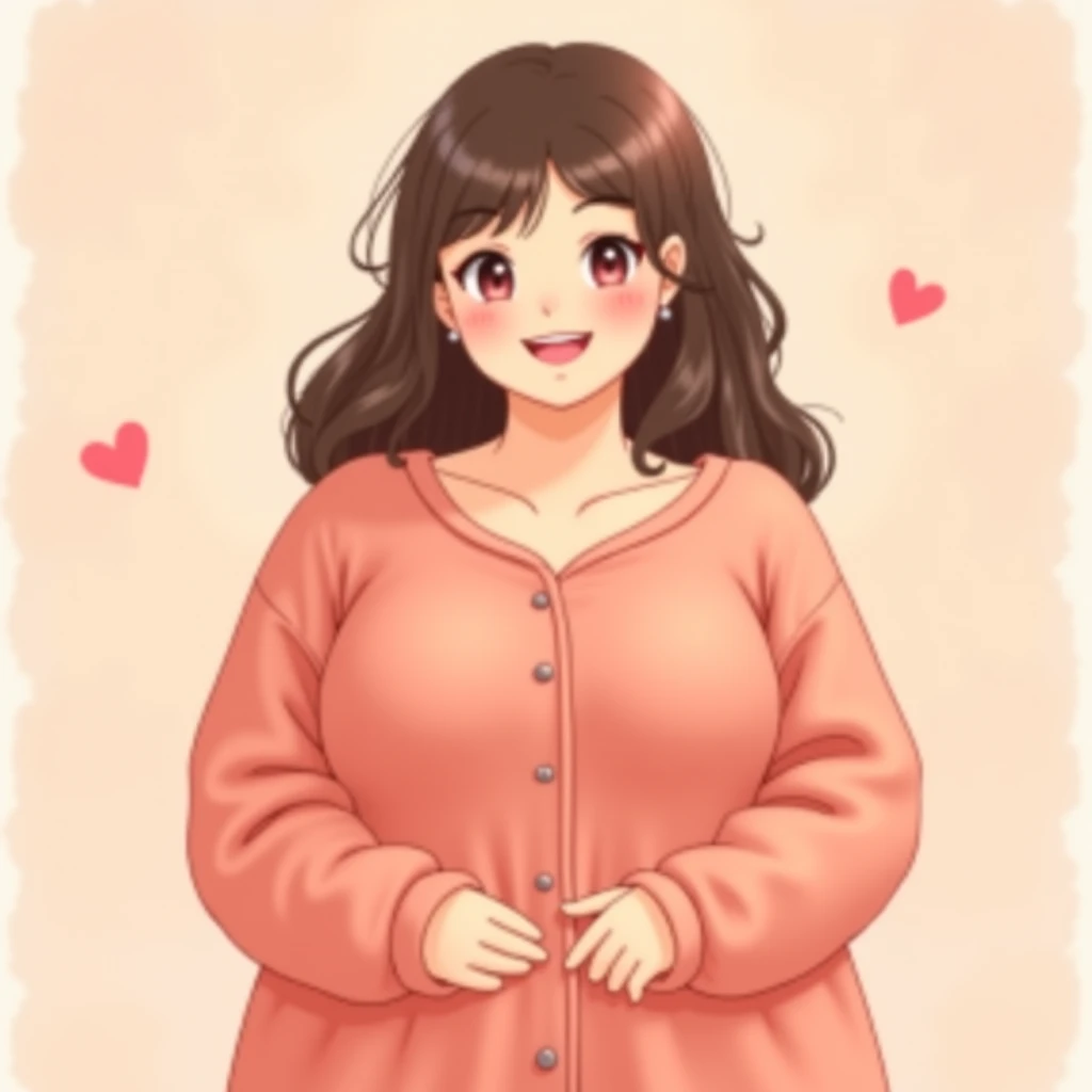 make an anime style animation of a fat, half-body woman, with a round nose, wearing black glasses, long, very curly hair type 3B in brown color, eyes browns, wearing pink clothes and making a V with her hand and one finger on her hand. In the background of the animation add hearts and baby blue tones.