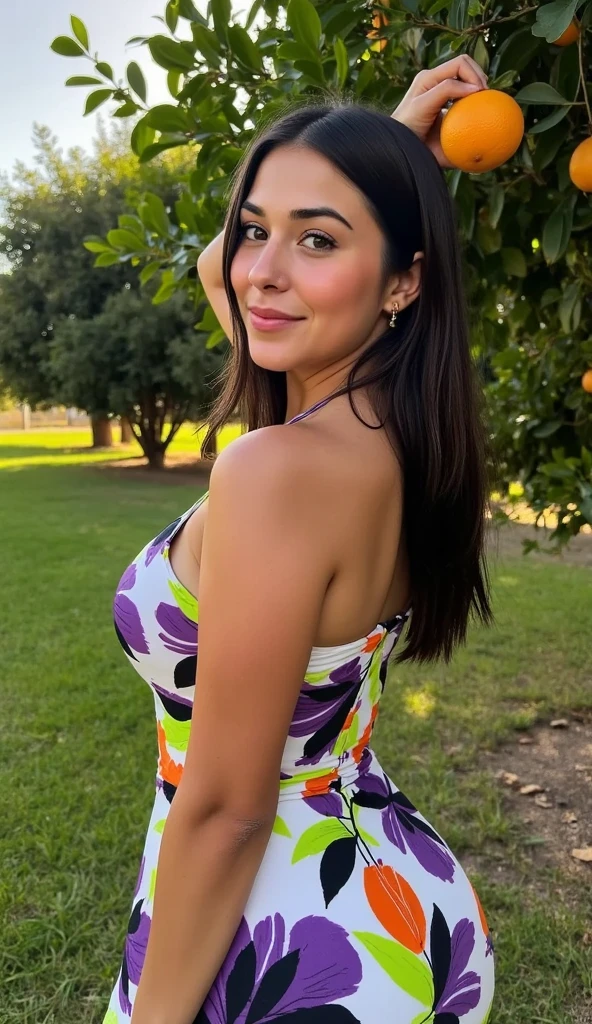 Beautiful brunette woman, with blonde highlights, very long wet and wavy hair, green eyes of Spanish origin, pretty sweet face, dressed in a blue and white low-cut dress, big breasts