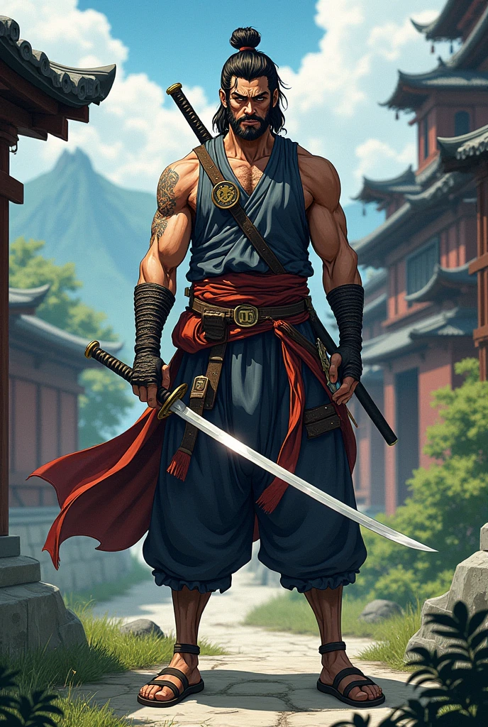 Illustrated style。
A muscular man wearing a black cap々Shinto priest