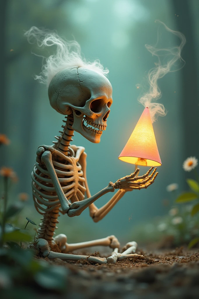 A woman with hearing aids, In a dark room with only the light of a glowing skull