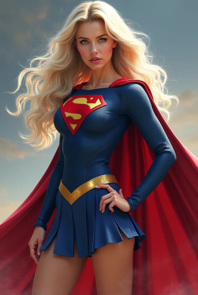 A SEXY AND BUSTY 17 YEAR OLD FEMALE WITH BLONDE HAIR DONE UP NICLEY, AND DAZLING BLUE SAPHIRE EYES, WEARING A SPANDEX 1984 BLUE SUPERGIRL COSTUME COMEPLETE WITH A LONG READ PLEATED SKIRT WITH A YELLOW SUPERGIRL BELT, A PAIR OF RED HEELED BOOTS WITH YELLOW TRIM, AND A LONG FLOWING RED CAPE WITH THE GOLD "S" EMBLEM. RED LIPSTICK, RED FINGERNAILS. INCREDIBLY DETAILED GLOWING SKIN, INCREDIBLEY DETAILED FACE, INCREDIDBLEY DETAILED CLOTHING, TEXTURED SKIN PORES, TEXTURED HAIR, 8K ABSURD RESOLUTION, MASTERPIECE. PHOTO REALSITIC, HYPER REALISTIC. MYSTICAL BACKGROUND. 16K RESOLUTION. PREFESSIONAL GRADE IMAGE.