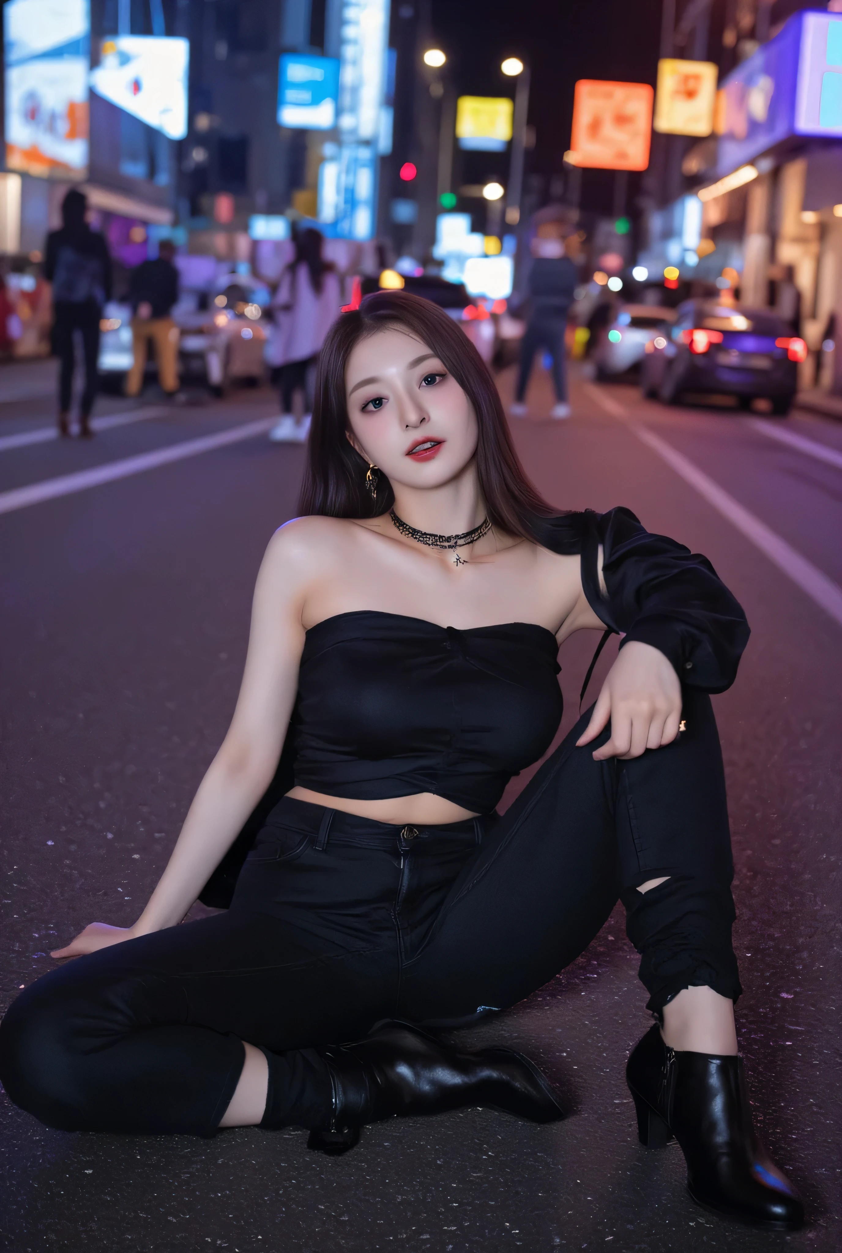 A stylish young Korean woman surrounded by colorful lights at night in Hongdae，strolling through vibrant neon streets, and the bustling city atmosphere. She is fashionable, straight dark brown hair, has dew-dropping glass skin, Bold red lips. Wore an elegant black strapless blouse, high-waisted skinny jeans,Very snug and sexy，Wrap her legs tightly， and fine gold jewels, exudes a modern and sophisticated vibe. The blurred neon signs and street food stalls in the background create a sense of atmosphere Perfect cinematic aesthetics, that makes her stand out effortlessly.has plump breasts.  she spread her legs ，sitting on the ground，I showed my crotch，You can see her camel toe from there