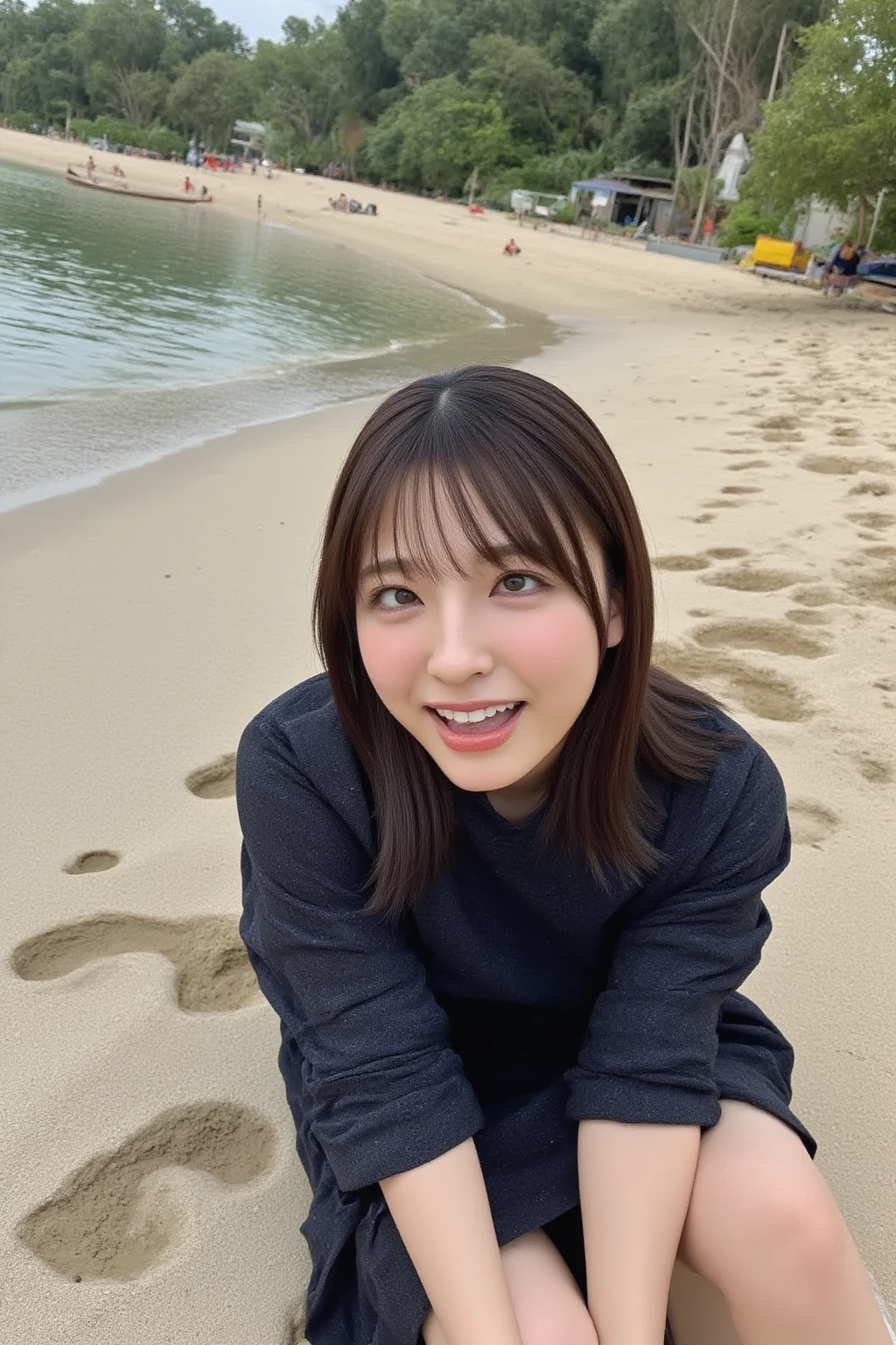 30 year old female teacher，knitted sweater，cleveage，Reveal underwear，black slime shapeshifter，looking at the audience， Wearing only black underwear、cleveage，Long hair，170 cm，Slime Girl ,Pretty Face，cute appearance，Be confident,Upper body melting slime,In the park，There are many maple leaves，autumn，Full body portrait，