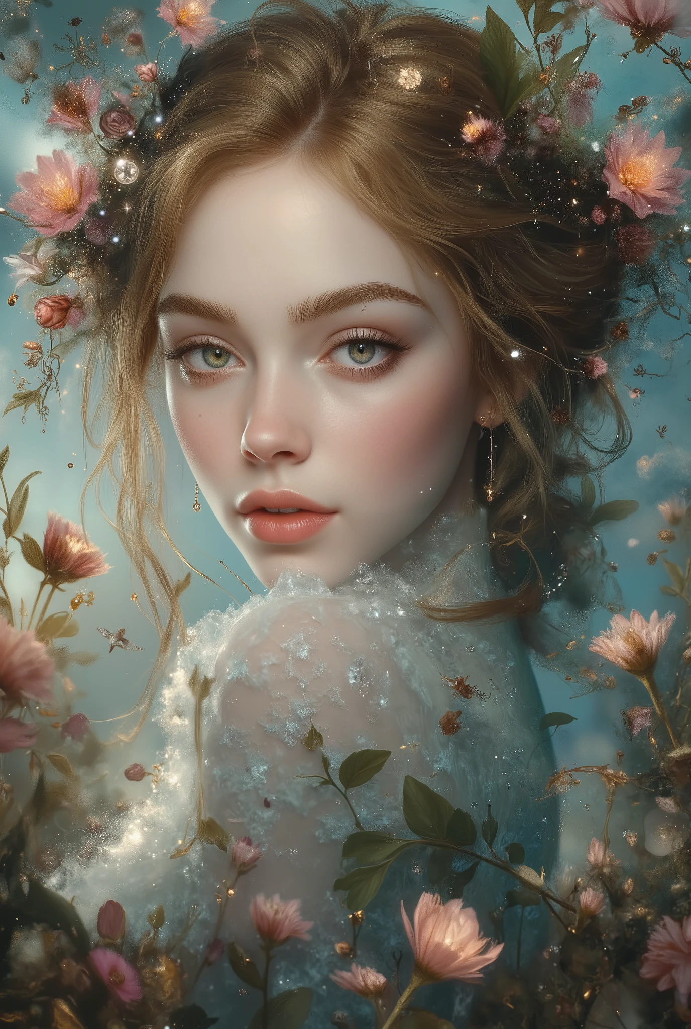 Beautiful Half Human Half God Girl,perfect face, big eyes,Clear White Skin,Elegant posture,mysterious expression,Natural landscape at dusk,golden hair,flower々Surrounded by,4K,8k,High Quality, super precise,stares at,physically-based rendering,EXTREMELY DETAILS,professional,Brilliant Colors,Bokeh