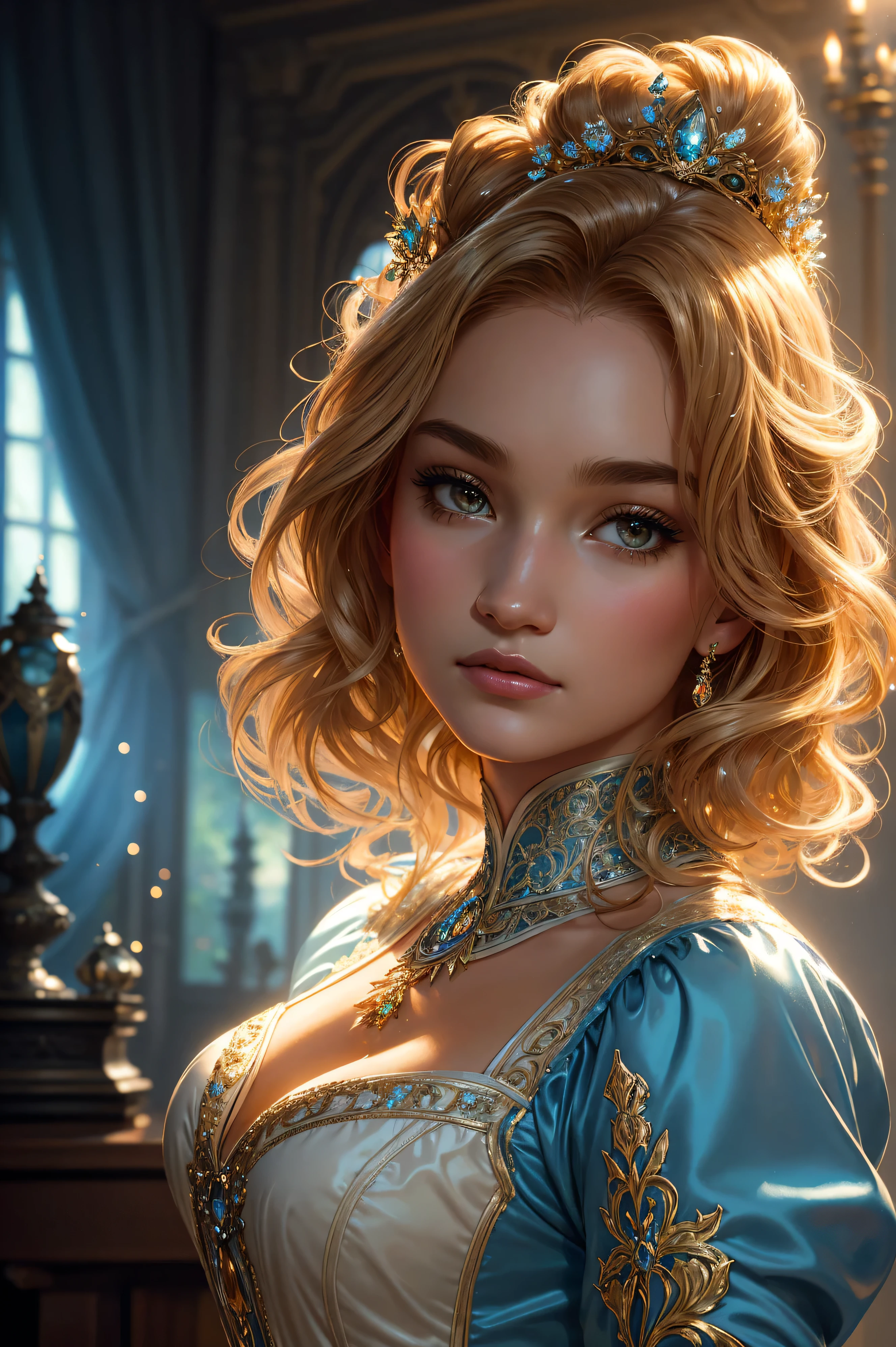 portrait Emma Watson, wearing sexy Cinderella costume, against the background of the Disney castle, character portrait, 6 0 3 0 s, wavy hair, intricate, elegant, highly detailed, digital painting, artstation, concept art, smooth, sharp focus, illustration, art by thomas kindkade, charlie bowater, artgerm, greg rutkowski, alphonse mucha and alexandra fomina, 36k, glittering, shining