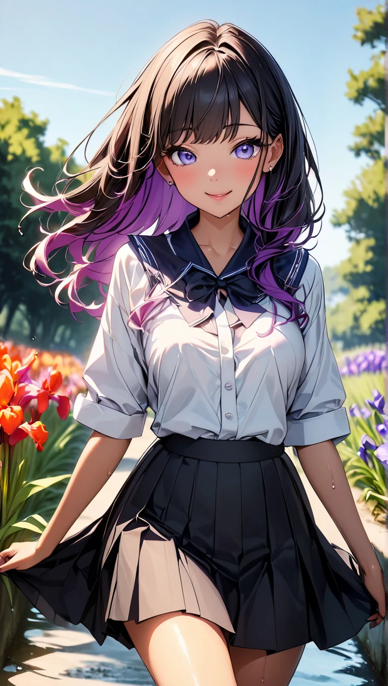 1girl, full body, solo, summer, village, trees, sun, clouds, ((colorful hair)), large breasts, ((black blazer)), button down shirt, ((white shirt)), ((short sleeved shirt)), ((unbuttoned shirt)), unbuttoning buttons, cleavage 1:3, brown eyes, skirt, smile, looking at the viewer, standing, hair ribbon, golden necklate