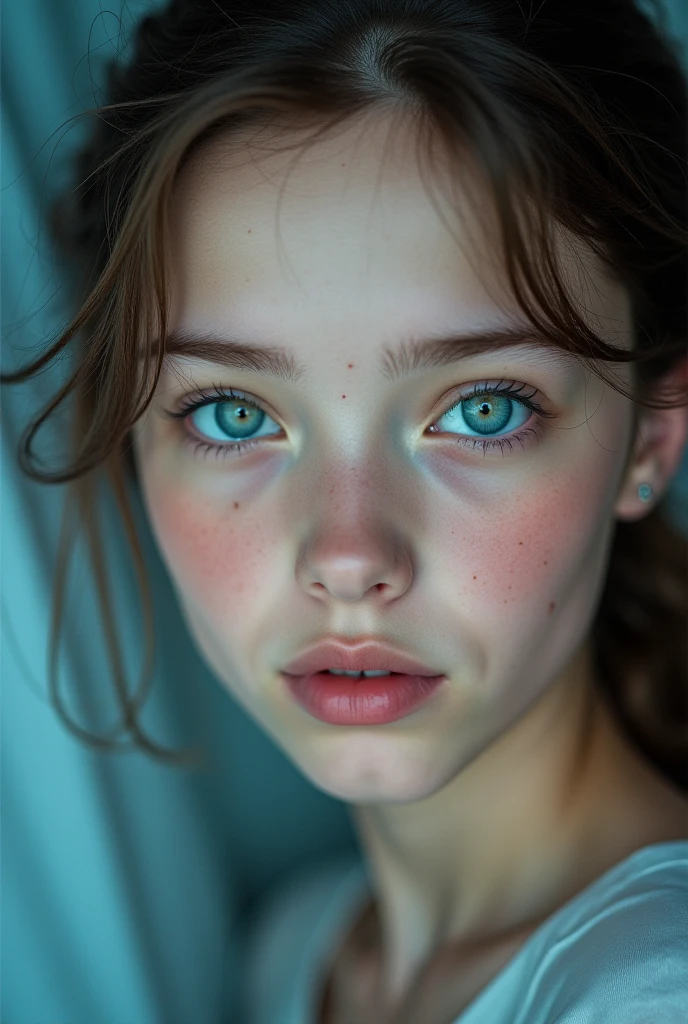 realistic photo, masterpiece, highest quality, (from above:1.0), (downblouse:1.0), (freckles:0.7), see-through camisole, shorts, skirt, looking at viewer, looking up, girl, by Jeremy Lipking, by Antonio J. Manzanedo, black short ponytail, blue eyes, chromatic light,
,very lose clothes, (shy smile:0.8),
(perky nipples)