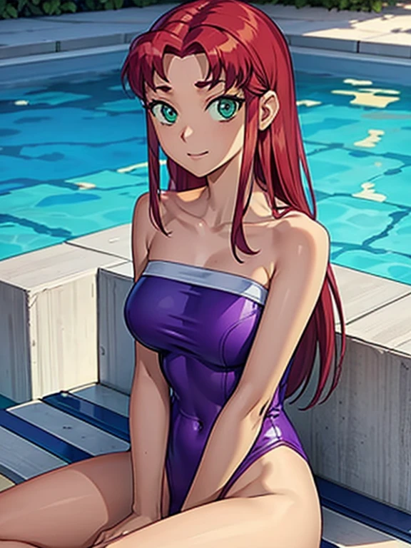 masterpiece, best quality, hi-res,, one girl, solo, green eyes, long hair, red hair,, bangs, eyebrows, purple one-piece swimsuit, poolside, open mouth, smile, wet, --auto --s2