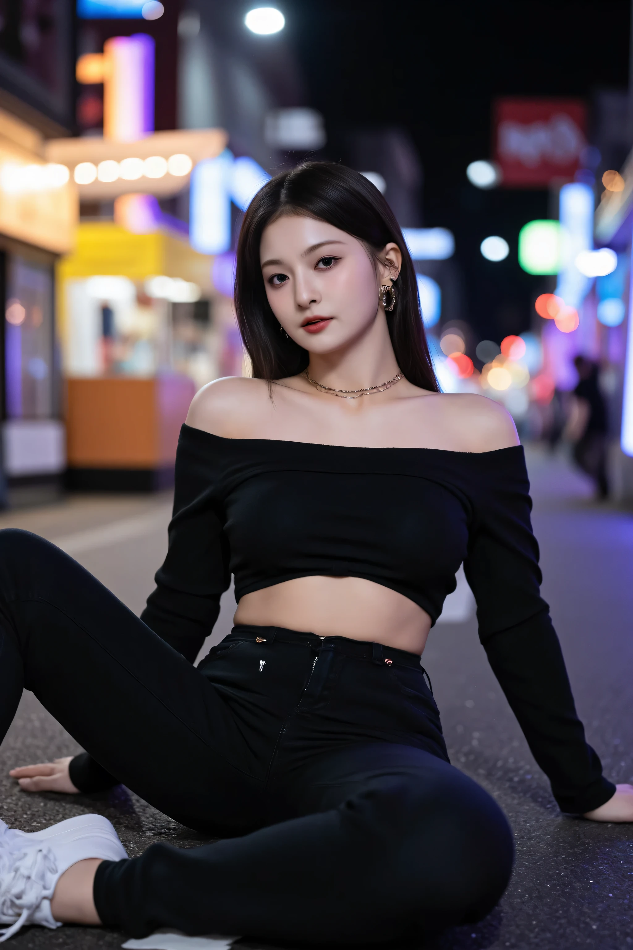 A stylish young Korean woman surrounded by colorful lights at night in Hongdae，strolling through vibrant neon streets, and the bustling city atmosphere. She is fashionable, straight dark brown hair, has dew-dropping glass skin, Bold red lips. Wore an elegant black strapless blouse, high-waisted skinny jeans,Very snug and sexy，Wrap her legs tightly， and fine gold jewels, exudes a modern and sophisticated vibe. The blurred neon signs and street food stalls in the background create a sense of atmosphere Perfect cinematic aesthetics, that makes her stand out effortlessly.has plump breasts.  she spread her legs ，sitting on the ground，I showed my crotch，You can see her camel toe from there