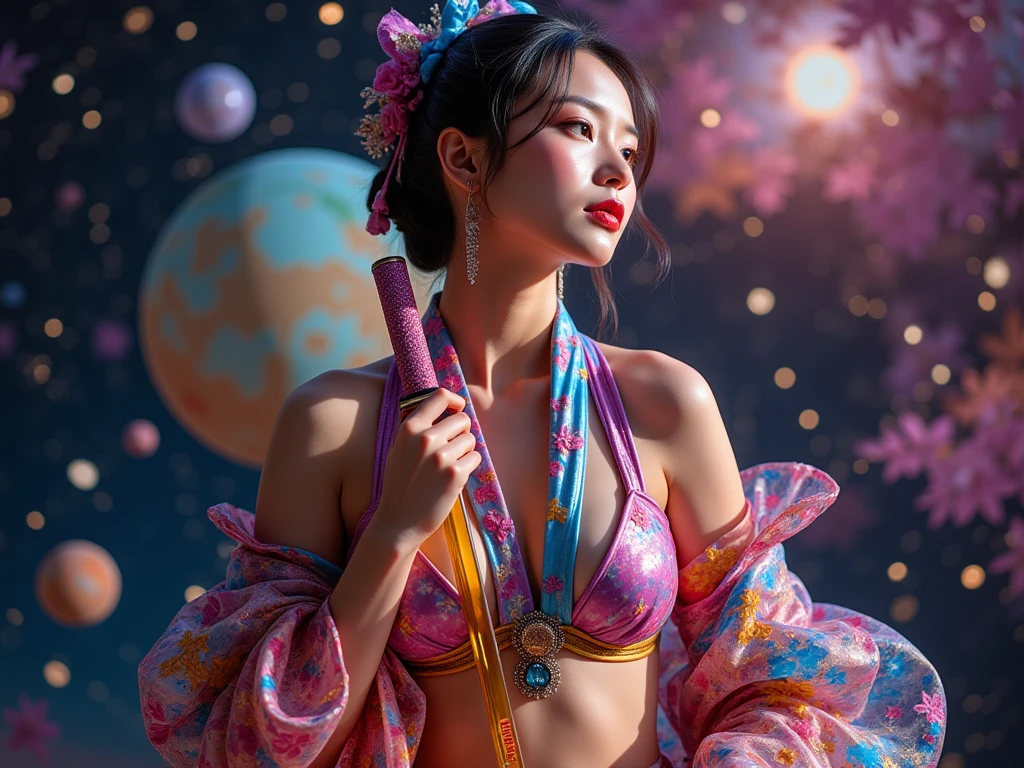Realistic、(masterpiece、Highest quality、Highest quality、Official Art、beautifully、aesthetic:1.2)、Symmetrical face,Very detailed、woman,日本人woman,colorful、The finest details、Tangled、(The background is bright and abstract:1.5)、Bright Eyes、Back to all、Masseter region,High resolution,Idol、clavicle、photograph、movie、Eyes from below,Long Hair,View your audience、Cleavage,((surrealist clothes:1.4)),Puffy eyes,sit,