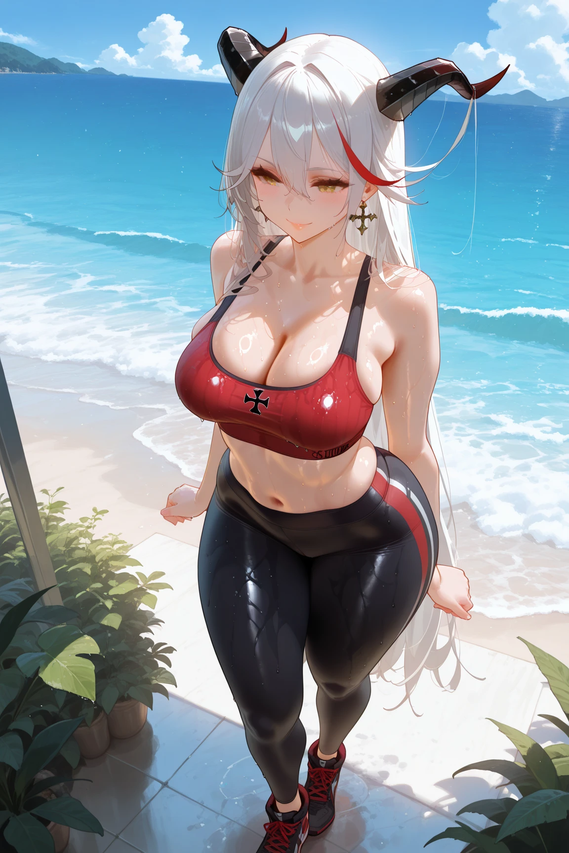 1girl, dark skin, dark body, yellow eyes, white hair, long hair, breasts, huge breasts, thick thighs, wide hips, one-piece swimsuit, competition swimsuit, white swimsuit, red trim, pool, wet, water, light smile, smirk