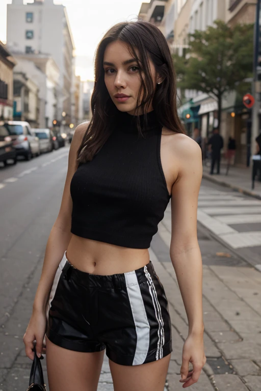 Femme Brune en crop top legging noir