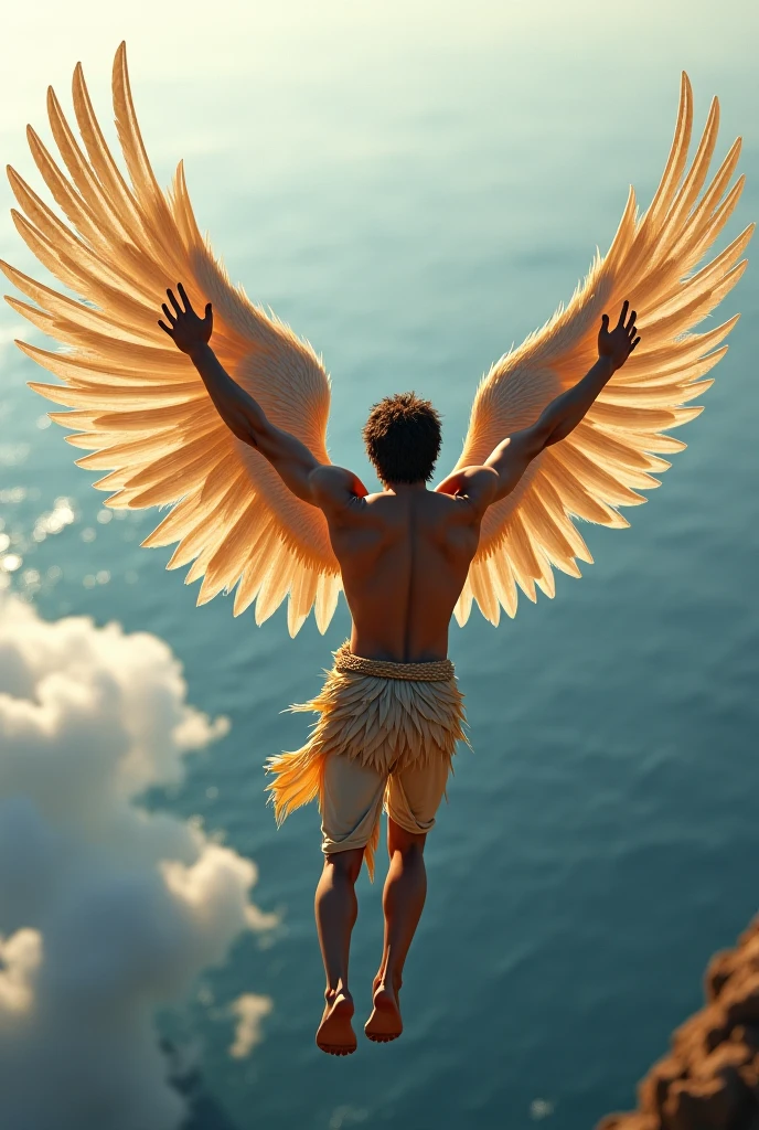 On the edge of a cliff overlooking the Aegean Sea, Icarus prepares to fly. He raises the wings made by his father and begins to lift off the ground. Feeling the freedom as the wind brushes his face, he climbs higher and higher into the sky, captivated by the thrill of flying.