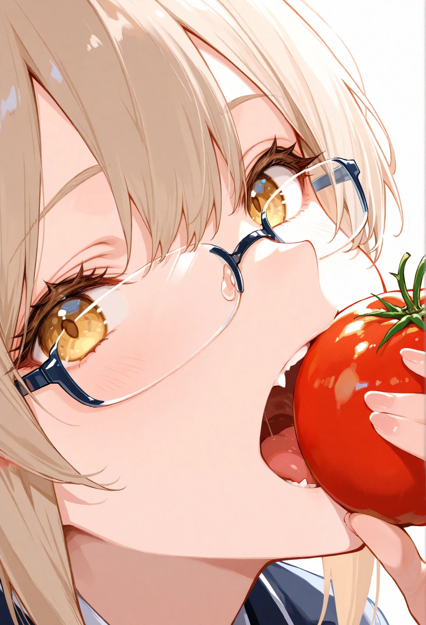 A girl opens her mouth wide and eats a tomato with fang, Face close-up, under-rim glasses