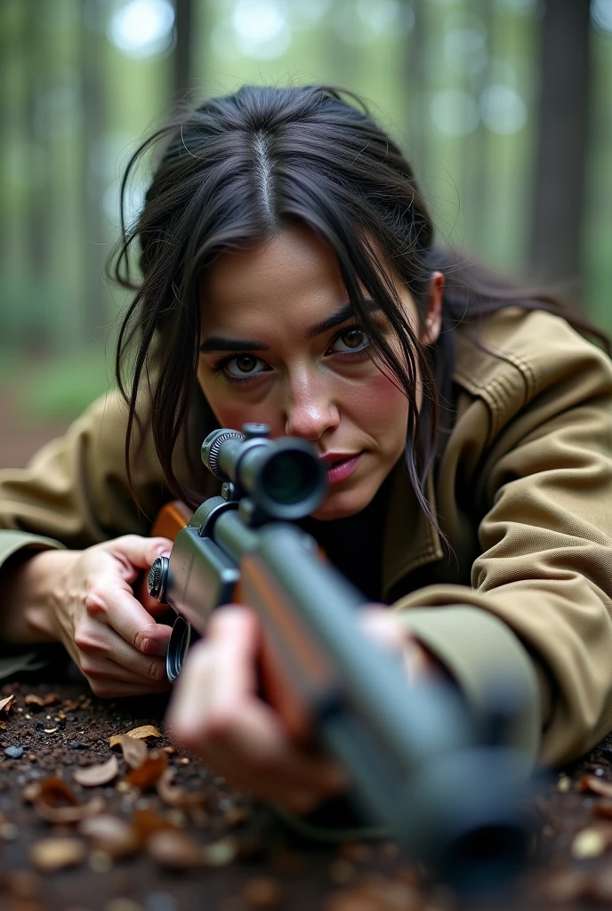 ((( masterpiece ))), (((Highest quality))), ((Very detailed)), (photograph), ((Very Rough and ugly)), High resolution, One dirty-face English Colonial soldier woman, Age 55, laying on the ground, holding an ancient rifle. Aiming to a target out of the frame. front POV (Detailed eyes), (Detailed facial features), (Detailed Weapons), (Detailed fingers), (Leg details), (Eyes visible through hair), ((Drunk Eyes)), (Embarrassing :1.2), (Toothless smile), (((Fuller lips))), (Forest Scene), (Upper Body), Colonial beige coat, ((Dim Light)), ((Film Grain)), ((Single-lens reflex camera)), ((35mm lens focal length)). 

Cinematic lights. Masterpiece, best quality, 8K, photo realistic, wallpaper, wallpaper 8k, photographic contest winner, Hyperrealistic art cinematic film still photography in the style of detailed hyperrealism photoshoot. [Entire scene is surrounded by lights, evoking a magical and eerie atmosphere. The lighting is bright and atmospheric, with smoke adding a touch of sinister ambiance. Best quality image, HDR enhancement, showcasing the utmost level of detail and realism]. [8K, Best Quality, Ultra High Resolution, (highly detailed CG unity 8k wallpaper), (best photo), (best shadows), isometric 3D, octane rendering, ray tracing, highly detailed, (Best quality, 4K, 8k:1.2), absurdity, ultra detailed, (realistic, photorealistic, photorealistic:1.37), complex parts, HDR, (complex parts:1.12), (hyper detailed, hyper realistic, Soft lighting, spicy:1.2), (complex parts, Hyper detailed:1.15). Blurred foreground. (backlit), masterpiece, high quality, brightness, chromatic aberration, foggy smoke, shadows, contrast, clear sky, (warm hue, warm tone), high details, natural reflections].