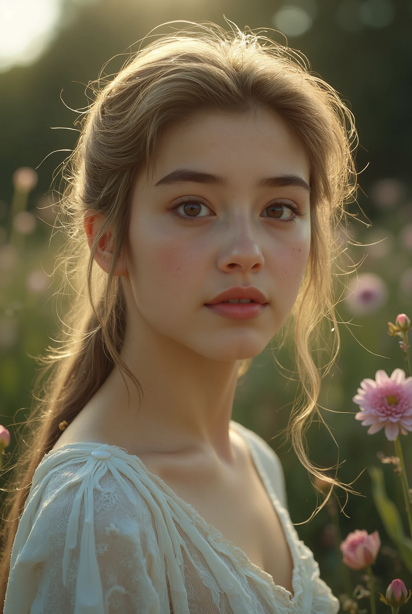 Beautiful Half Human Half God Girl,perfect face, big eyes,Clear White Skin,Elegant posture,mysterious expression,Natural landscape at dusk,golden hair,flower々Surrounded by,4K,8k,High Quality, super precise,stares at,physically-based rendering,EXTREMELY DETAILS,professional,Brilliant Colors,Bokeh