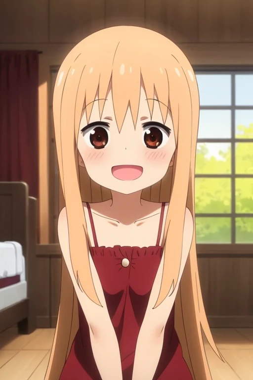 Ruby Hoshino, 1 girl, Solo, Ruby Hoshino, Symbol-shaped pupil, (Left star-shaped pupil:1.5), (Red eye, Left star:1.5), Symbol eye, Long hair, Blonde hair, Bangs, (Side ponytail:1.1), Barefoot, Sports bra, Panty shot, Sun through trees, forest, river, smile, open mouth,