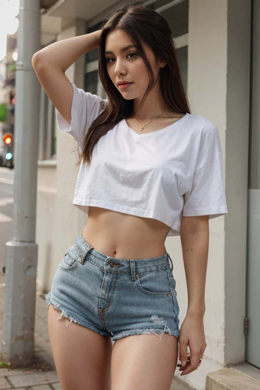 (8k、RAW Photos、highest quality、masterpiece:1.2)、(Realistic、Realistic)、1 girl、((See-through、Shorts、Big Breasts、I can see your chest、View from the front、belt、Stand with hands on hips、In the city))、