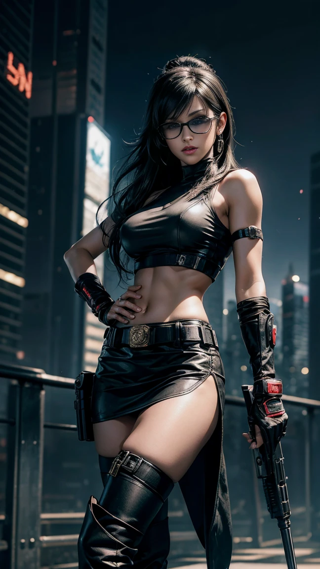 (Wide angle view). City Hunter style city, simple outlined neon tall buildings, glowing giant clock tower, helicopter, lightning, 3D rendering Beeple. At night, (1 girl as Kaori in City Hunter, solo, alone), photorealistic, medium-breast slim:0.6 body, oval:0.5 face, cleavage:1.1, sexy costume with deep-v, low view pleated miniskirt, glove, (Matrix style black micro sunglasses), ((aiming viewer with a short gun)), (running pose), (half-body thigh level close-up shot), cinematic lighting, ray tracing.