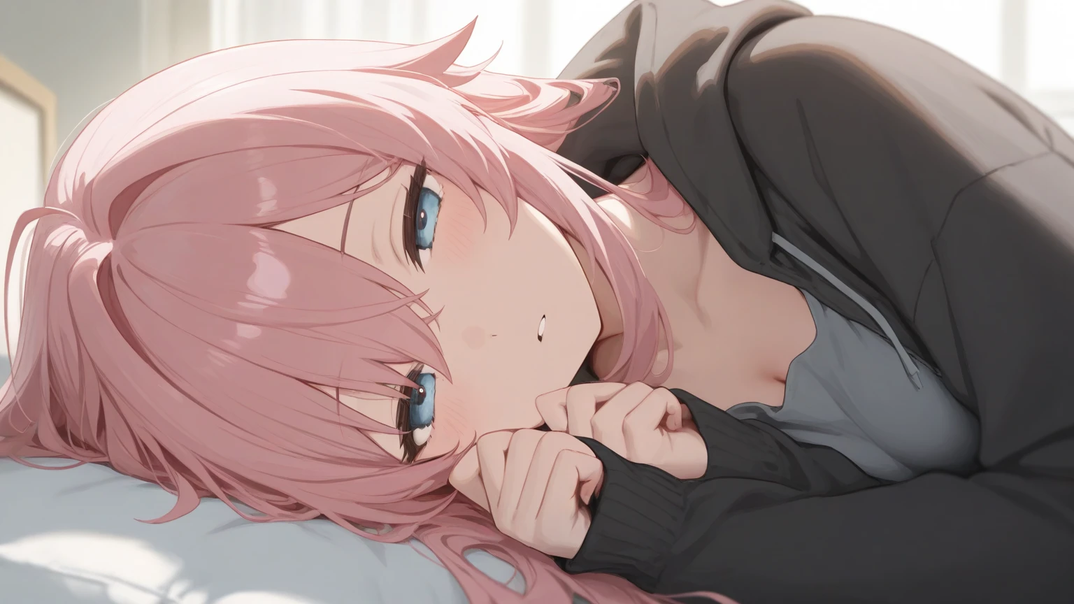 Ashamed、red blush、a bed、Pink hair