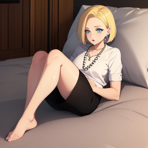 melhor qualidade, high resolution, e18, 1 garota, Android 18, Sozinho, cabelo loiro, olhos azuis, cinto, jeans, pearl_colar, pulseira, luvas pretas, camisa branca, cabelo curto, manga curta, brincos, blue pants, Colete aberto, colete preto, seios grandes, tiro de vaqueiro, rua, sempre em frente,