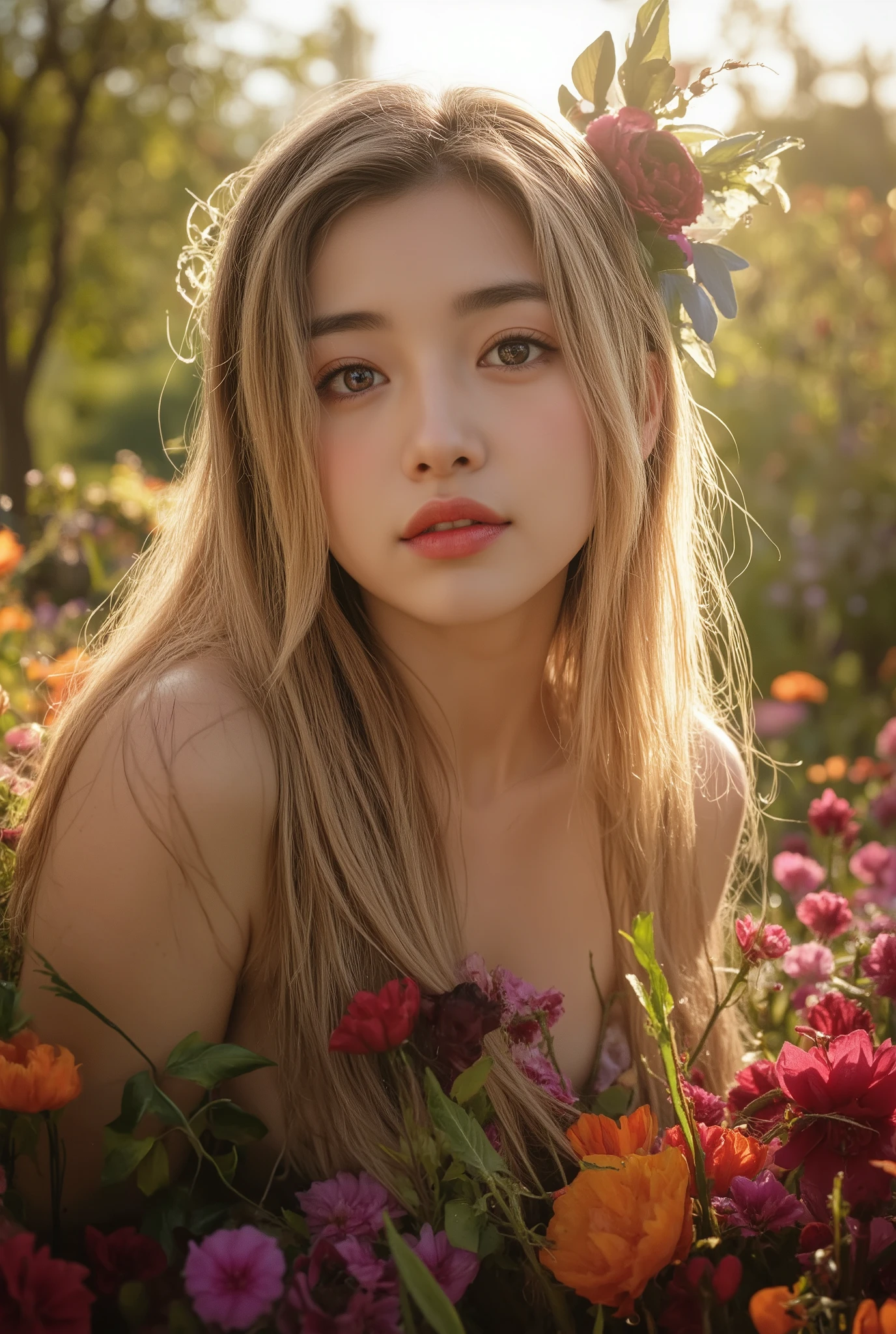 Beautiful Half Human Half God Girl,perfect face, big iridescent eyes, smiling, Clear White Skin,Elegant posture,mysterious expression,Natural landscape at dusk,golden hair,flower々Surrounded by,4K,8k,High Quality, super precise,stares at,physically-based rendering,EXTREMELY DETAILS,professional,Brilliant Colors,Bokeh