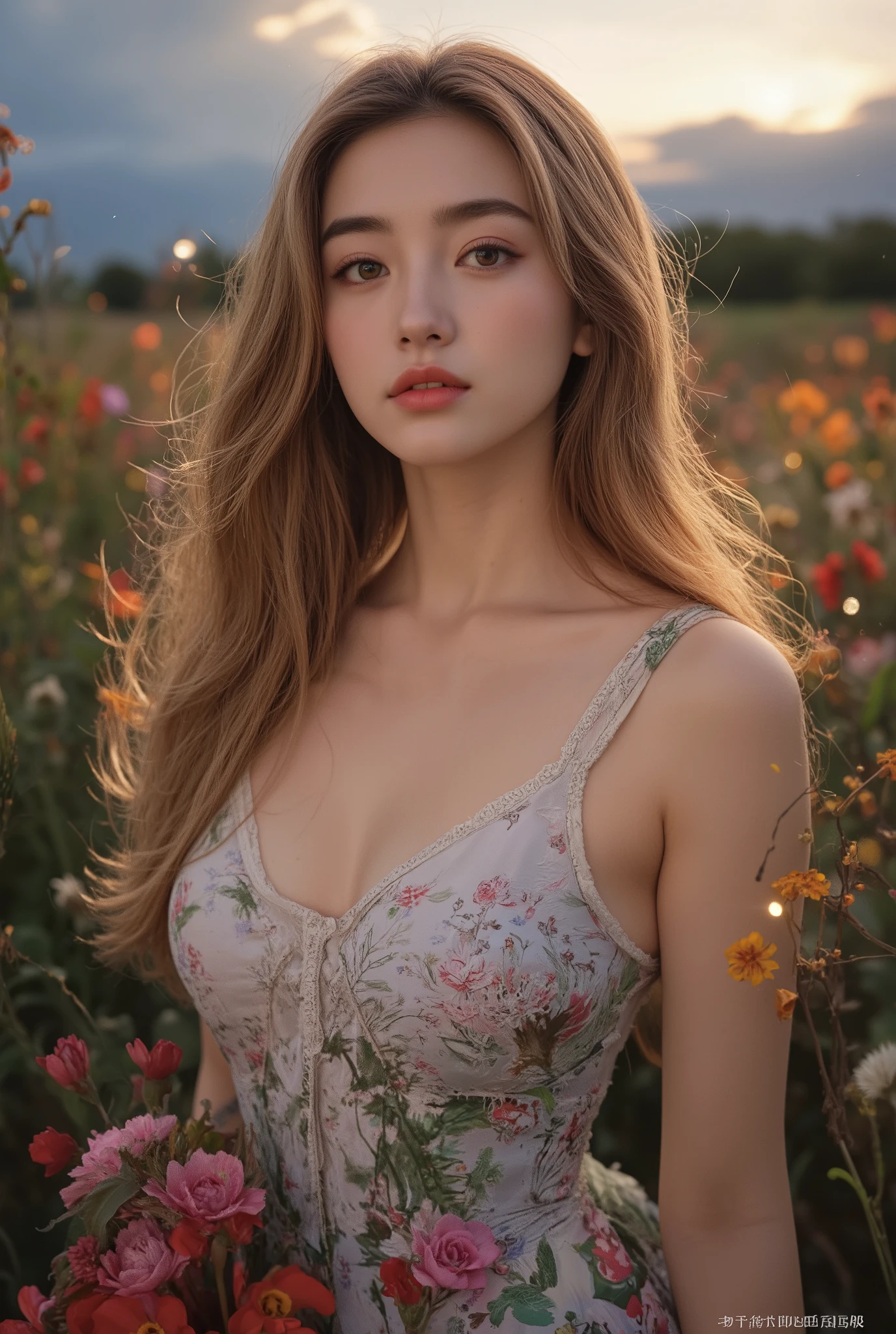 Beautiful Half Human Half God Girl,perfect face, big iridescent eyes, smiling, Clear White Skin,Elegant posture,mysterious expression,Natural landscape at dusk,golden hair,flower々Surrounded by,4K,8k,High Quality, super precise,stares at,physically-based rendering,EXTREMELY DETAILS,professional,Brilliant Colors,Bokeh