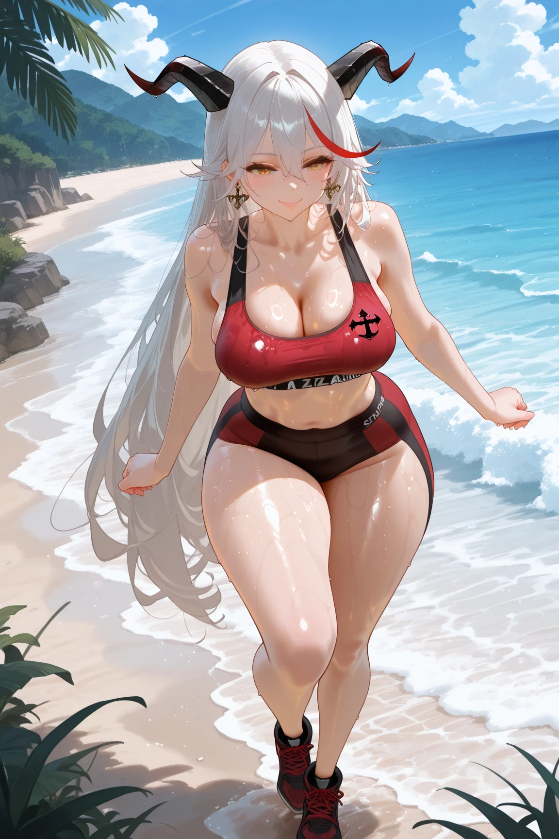 Long white hair, blood-red eyes, with a cross necklace, wearing a black and white bikini, beach, beach ball, female top pose