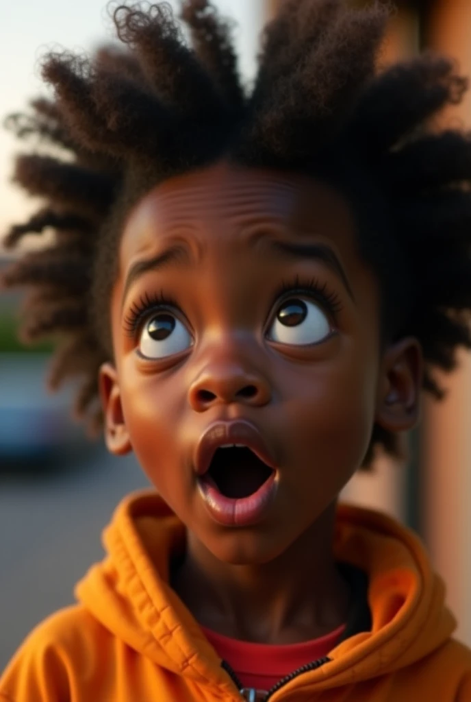 ((3D, best quality: 1.3)), ultra-detailed, SK, ((((solo)))), (close-up of an Afro-futuristic 1-year-old boy), wearing casual, current fashion, black T-shirt short, white shoes, (short kanekalon hair; 1.15), (well-defined symmetrical face, scared expression: 1.12), a flowering garden, floas in the wind, warm and soft luminosity, motion blur, magnificent blue sky,