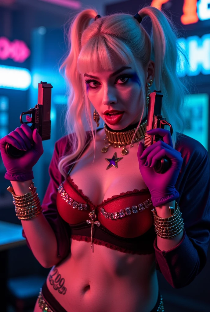 Best Quality, Ultra-High Definition, 8K Resolution, 32K Resolution, Masterpiece, High Detail, Ultra-Detailed, Photorealistic, Hyper-Realistic, Extremely Detailed, High Fidelity, Crisp Details, Sharp Focus, Realistic Textures, Intricate Details, Highly Detailed Eyes, Realistic Skin Texture, Harley Quinn, in her mid 30s, realistic, close-up full body shot, slender body, very small breasts, bra size A, Hourglass body shape, detailed facial features, intricate tattoos, cheeky outfit, sitting bent forward with legs spread on a sofa, dark moody lighting, atmospheric background, dramatic poses, cinematic composition, high contrast, backlight lightning, vivid colors, (best quality,4k,8k,highres,masterpiece:1.2),ultra-detailed,(realistic,photorealistic,photo-realistic:1.37),
