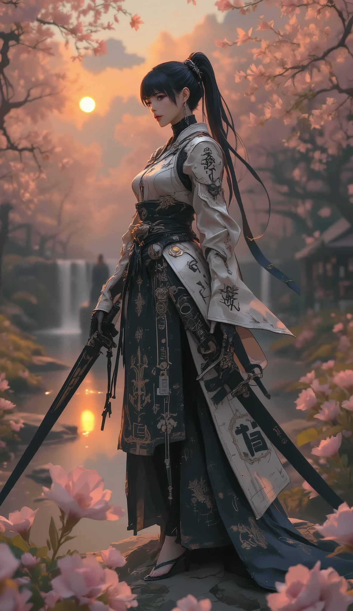 Cherry blossoms, rivers, sunrises, A beautiful women with very short hair style, she is a samurai, wearing a mechanical kimono clothing, she is holding a Japanese sword with mechanical gimmick, transience, after the battle she is standing at battlefield, extremely detailed, incredibly absurdres, ultra high resolution, perfect anatomy, hkmecha