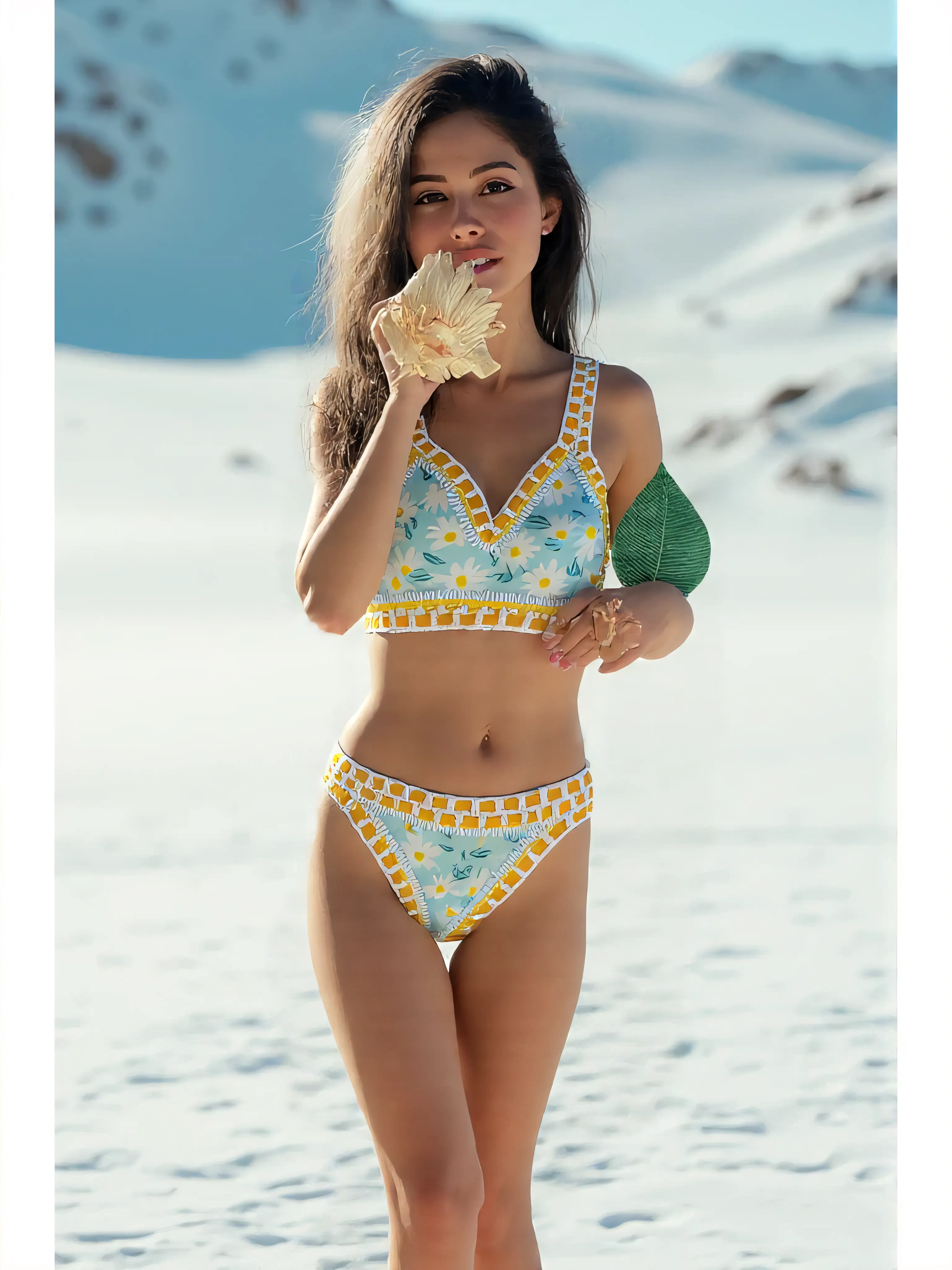 Half-length glamour portrait, nikon D850, f1.6 lens, 200mm, DSLR, 22 Megapixels, (((White sandy beach scene))), shot of a stunning 20 years old portuguese girl, (smile:1.4), (wearing Floral print two-piece swimsuit with matching skirt:1.6), ((seductive pose)), hot girl, (((big natural breasts))), (((brown ponytail hair))), (small girl), symmetrical face, photorealistic, photography, (bright natural lighting), gorgeous, deep cleavage, (masterpiece), best quality, high resolution, extremely detailed, cinematic lighting, (((very narrow waist))), rich colors, hyper realistic, lifelike texture, ((jewelry)), (((She has beautiful hands and wears rings))), (bracelet), (necklace), (ankle chain), (nail polish) (earrings), Fuji Superia 200, 8k