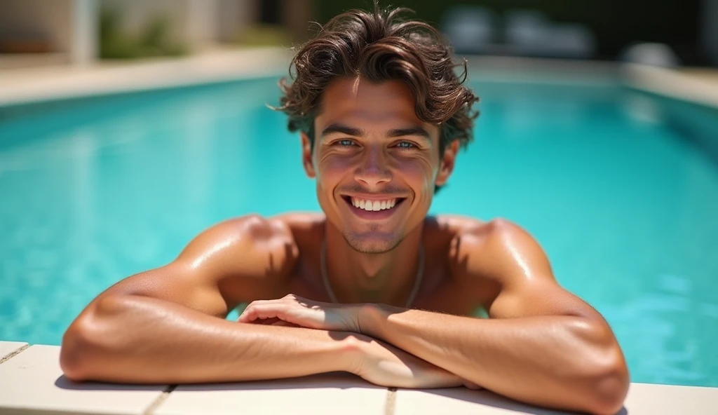 male　Age 25 handsome swimwear front view smile water polo
