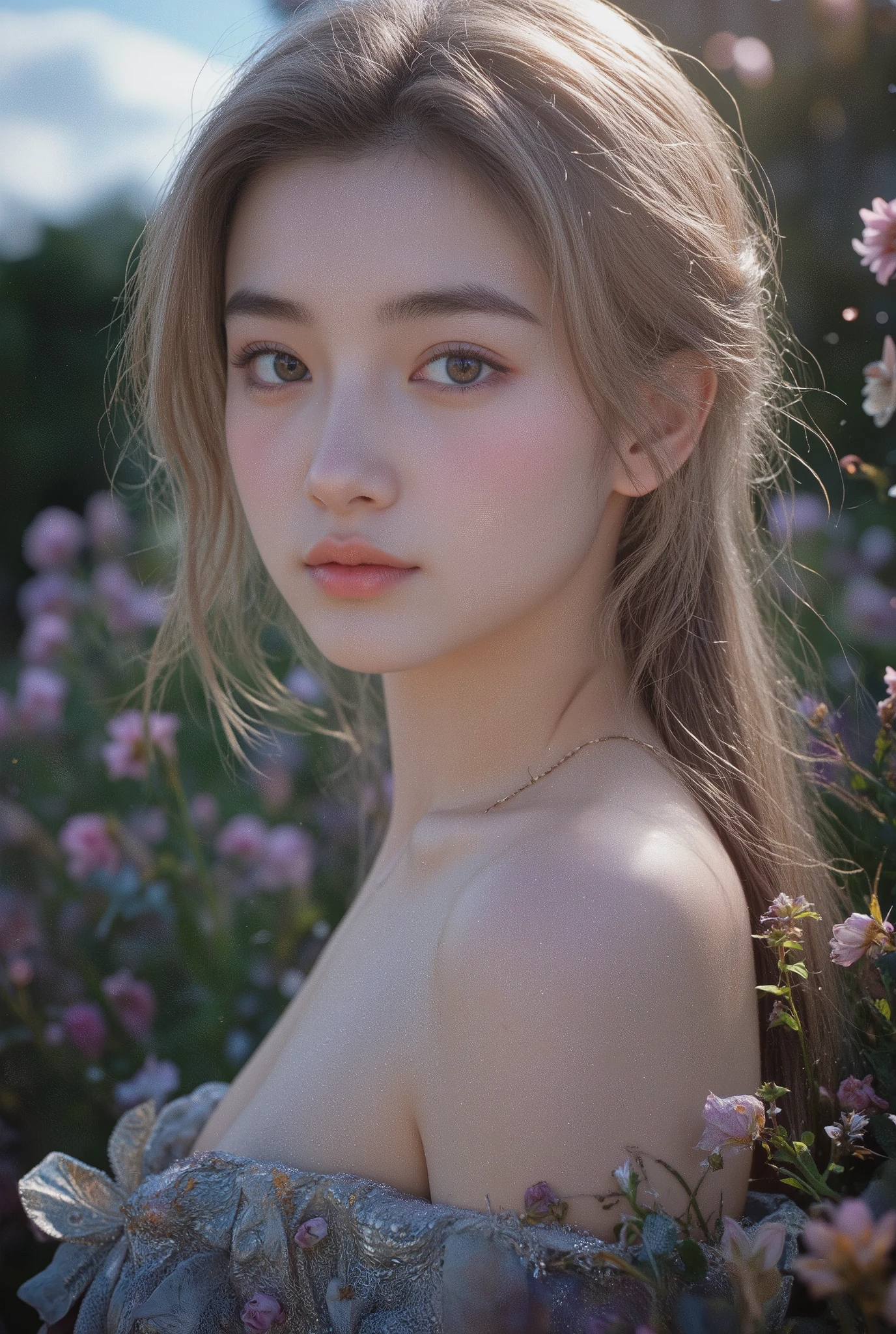 Beautiful Half Human Half God Girl,perfect face,Big Eyes,Clear White Skin,Graceful Behavior,Mysterious Expression,Natural landscape at dusk,golden hair,flower々Surrounded by,4K,8k,high quality,super precise,like the picture,Physically Based Rendering,EXTREMELY DETAIL,professional,bright colors,Bokeh