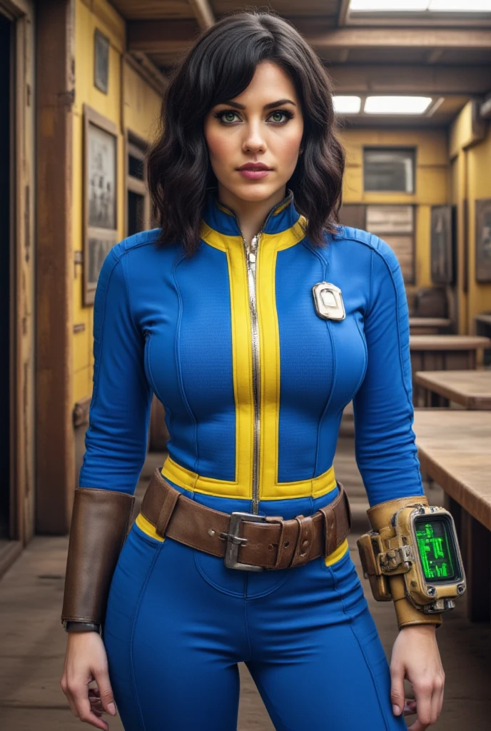 A sexy female character from fallout videogame, with classic dark blue and yellow Vault fallout uniform body  suit, into classica Coca-Cola pin upo style of 1950, with wasteland background 