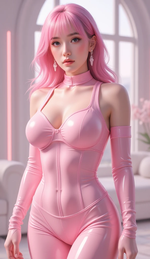 pink dominatrix concept, portrait picture Unreal Engine 5 8K UHD of beautiful female, full pink latex, straight blunt bangs hair, pink tight latex , earrings, pink latex body straps, pink latex long sock, pink latex long glove, futuristic design, beautiful make up, best quality, masterpiece, breasts. Kniend auf dem Boden