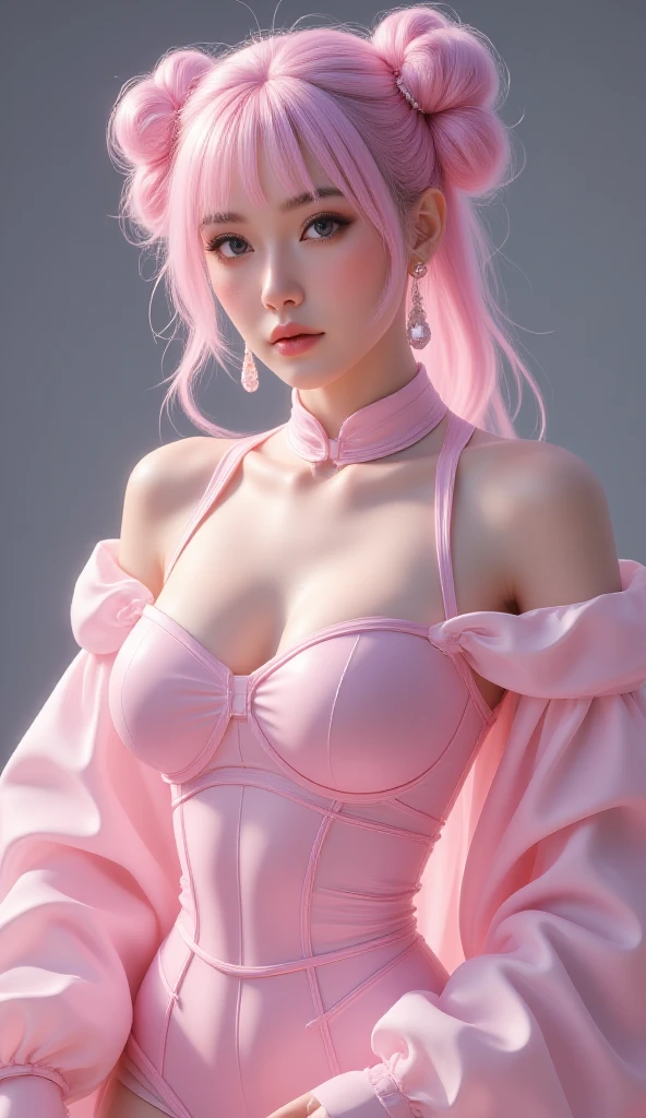 ((perfect anatomy:1.2,realistic:1.3,RAW Photography:1.3,masterpiece、highest quality、Ultra - High resolution、High resolution、Highly detailed CG、8K)), This artwork should be hyper-realistic, capturing every detail with stunning clarity, 1 girl、 pink hair girl, detailed face、crystal blue eyes with eyelashes,Detailed background、depth of fields、Full-body angle of view、 , 31 yo young sexy seductive korean woman, slim curvy sexy body, The outfit should be alluring ,overly revealing,(((exposed breasts))), unzipped:1.2, ((breasts popping out)), ((costume is unzipped from her chest to her vagina)), narrow waist, wide hips ((bare chest)), slender body, thigh gap, skinny, (oily skin,gleaming skin,pale skin,sweat:1.2),