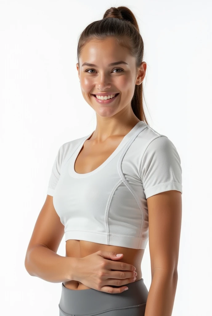 A woman in a white T-shirt with her arms on her hips、Chest tension、He has a proud look on his face.。