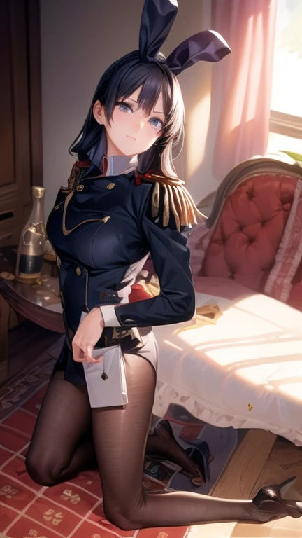 Face focused, 1girl, wearing a tight red military uniform, open thighs to reveal red panties, squatting on the ground, Tightened by panties, revealing a shy expression, blushing, bag, bangs, berries, white hair, high ponytail, blue eyes, hair between the eyes, looking at the audience, female focus, necklace, solo, watch, messy hair, trending on artstation, 8k resolution, very detailed, anatomically correct, clear image, digital painting, Makoto Shinkai's style,