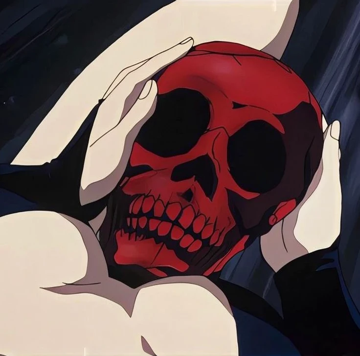 a moon, A human skeleton in a red jacket sitting on a crescent with rivers coming out of it, black background with small white stars, gray and black color palette, detailed, only one,