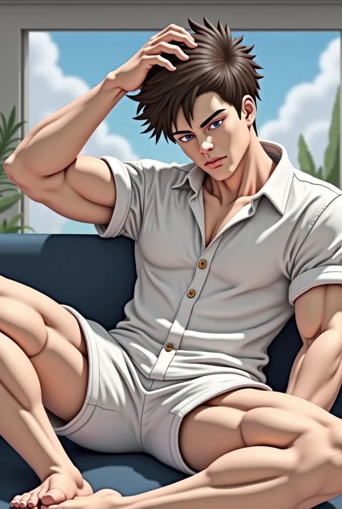 Un chico, tez blanca, culturista, musculoso, adolescente, pelo negro, shorts cortos negros, un bulto en los shorts, sin camisa, acostado en una cama, mirada seductora, hands behind the head, piernas levantadas y cruzadas, ojos verdes