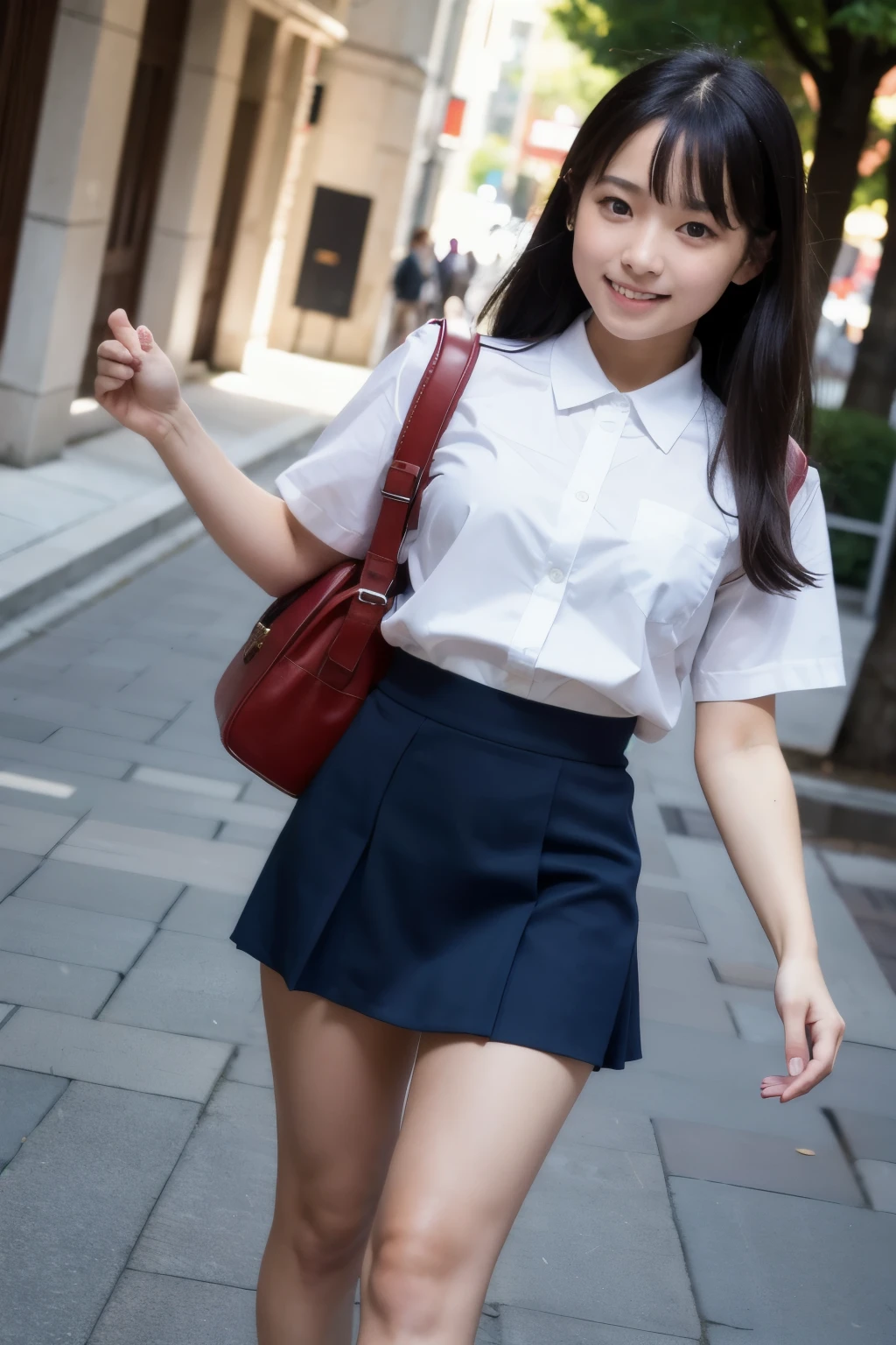 (Best Quality: 1.2), (Realistic), (Photorealistic: 1.37), Ultra High Definition, 1 Girl, Cute, Smile, Closed Mouth, Beautiful Details, Beautiful Nose, Full Body, Wet Hair, School Uniform, Thighs, (hairy crotch), (8K)