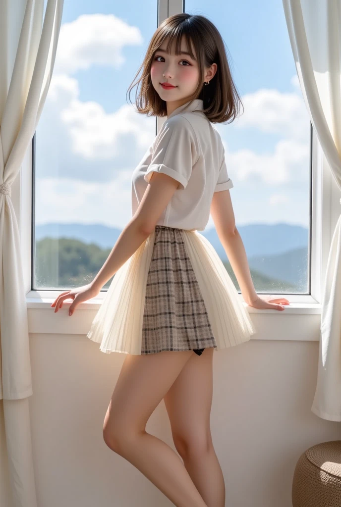 highest quality, masterpiece, Ultra-high resolution,16k,(((Face Focus))) (Realistic:1.6),((Portrait of a smiling person with their mouth wide open)) ,((Beautiful feet)), ((Slender body)),RAW Photos, 1 girl, 22 years old,((Blouse and tight skirt)),((Short hair with a headband)),,((From below:1.4)),((Smiling with teeth showing)),