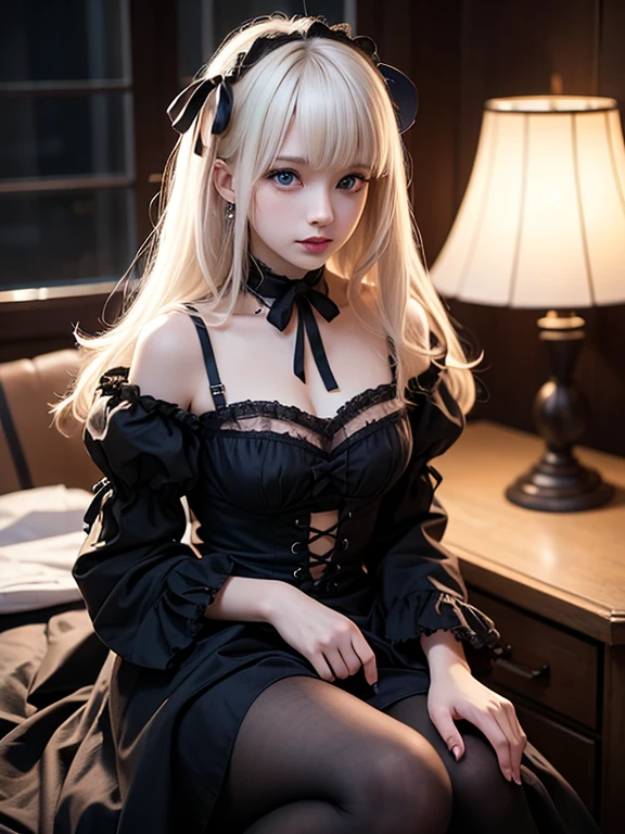 (highest quality,High resolution,masterpiece:1.2), super detailed,(realistic:1.37),(baroque), (Gothic ta), (cute), 1 girl, (alone), (whole body), (Black sofa), (black dress), (absurd), (white lace), (red lips)