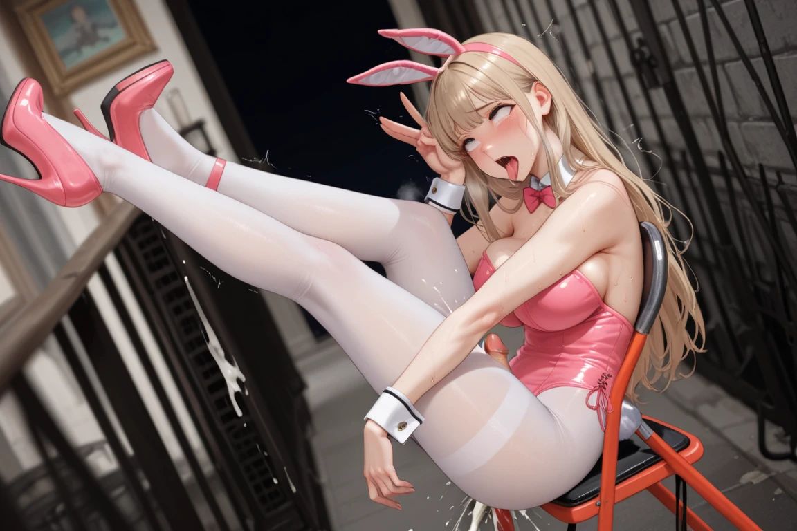 4k, young woman gray hair, Wear glasses ,Wear a bunny ears headband, Height 170 cm. Weight 50 kg. Wear a tight, sexy leather outfit. ,pink nipples,Lie down and show off your pussy.,The pussy has white fluid flowing out.,You can see the pussy clearly.,oiled body,A tingly expression,full body image
