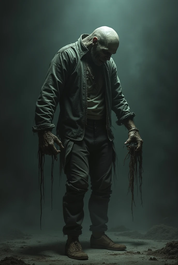 Command: "Image of a pale, hunched figure, with blank eyes and a distorted smile, in a dark attic. The crooked man has a frightening and menacing appearance."
Ultra realistic image.