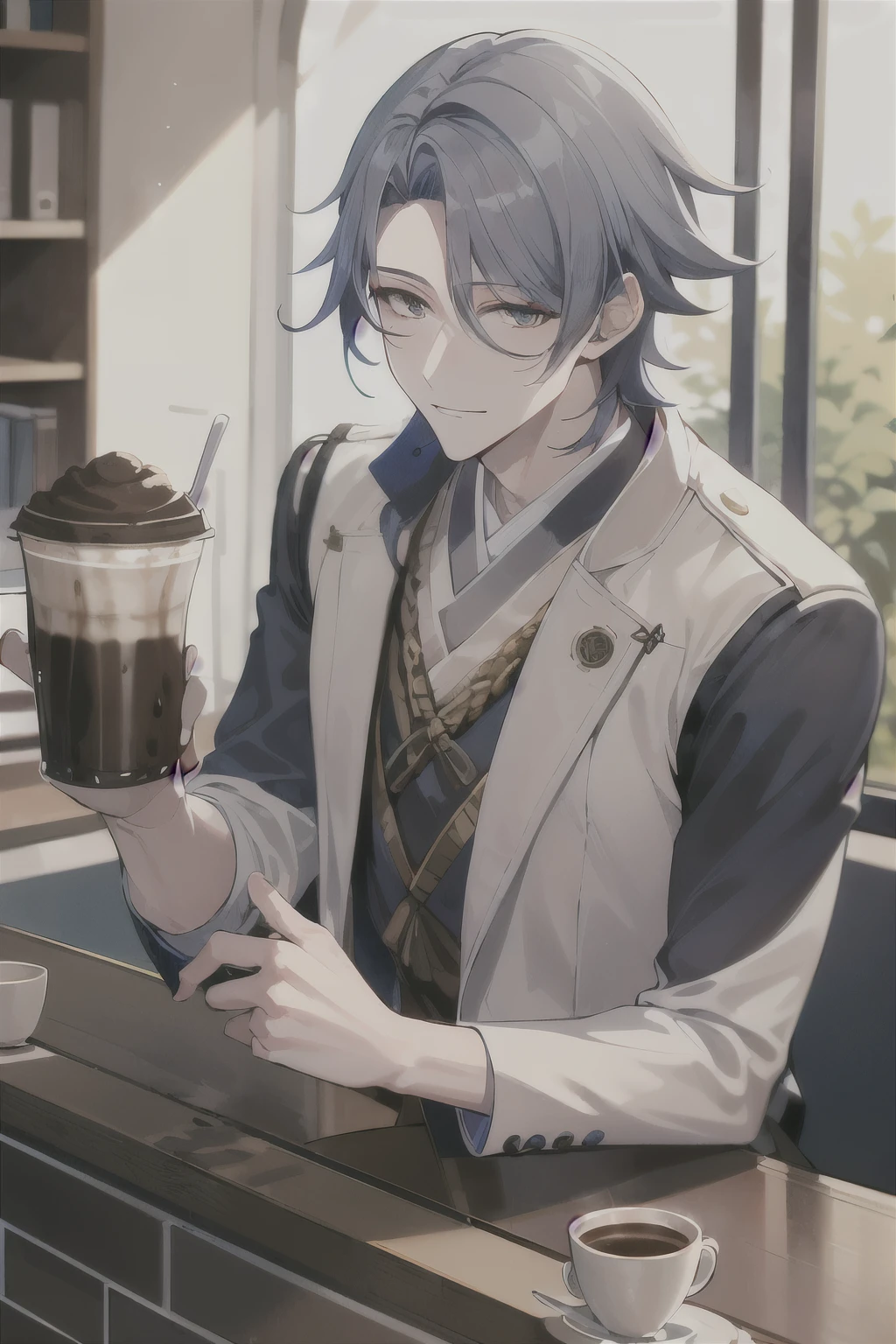 (((Masterpiece))),better quality,1 man, Tall, beautiful, sophisticated , Camisato Ayato, One, фон «coffeeйня», there isиста, coffee, blue apron, чашка coffee, shirt, there is