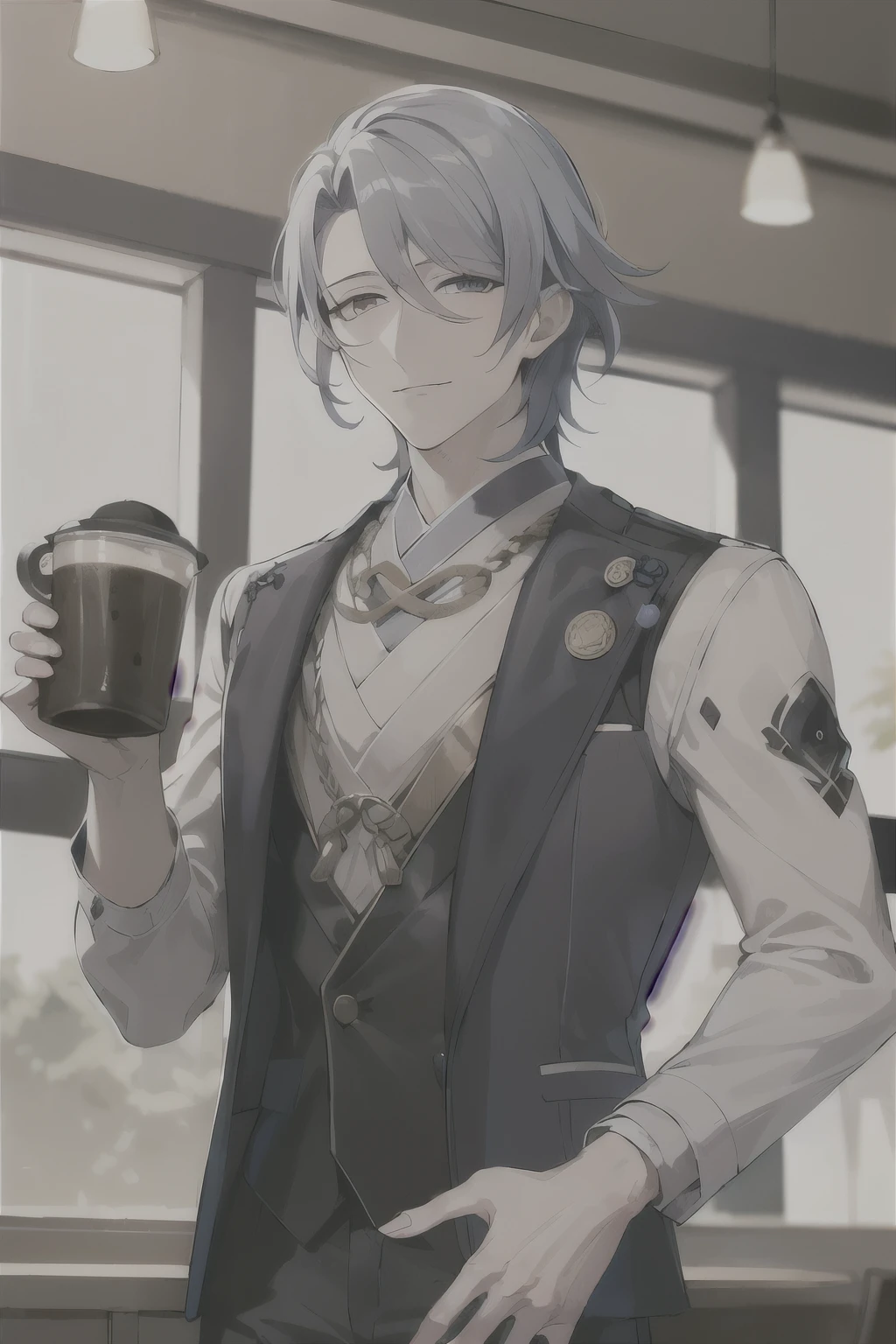 (((Masterpiece))),better quality,1 man,  Tall, beautiful, sophisticated , Camisato Ayato, One, фон «coffeeйня», there isиста, coffee, blue apron, чашка coffee,  shirt, there is