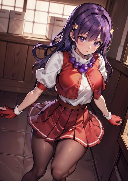 (masterpiece, top quality, best quality, official art, beautiful and aesthetic:1.2), (1girl:1.3), (fractal art:1.3),
solo, athena97,
red shoes,(white socks:1.3),red pantyhose,
purple eyes, purple hair, long hair,red hairband, white turtleneck,white puffy sleeves,red pleated skirt,yellow belt,puple spherical necklace,red fingerless gloves,red open vest,
star hair ornament, earrings
medium breats,short sleeves,lying, crossed legs,
outdoors,city background,closed mouth,
<lora:Athena97:0.8>